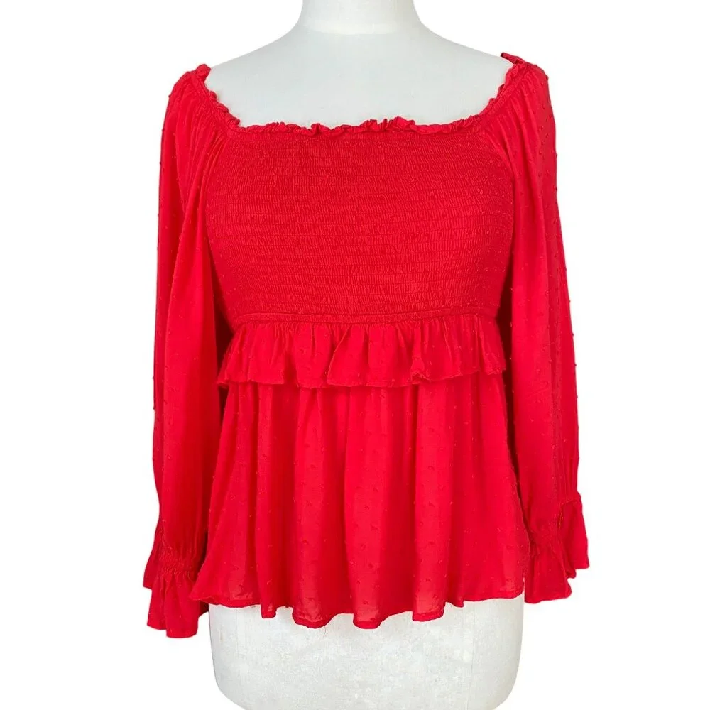Pink Lily Red Swiss Dot Smocked Peplum Blouse Sz L Ruffle Coquette